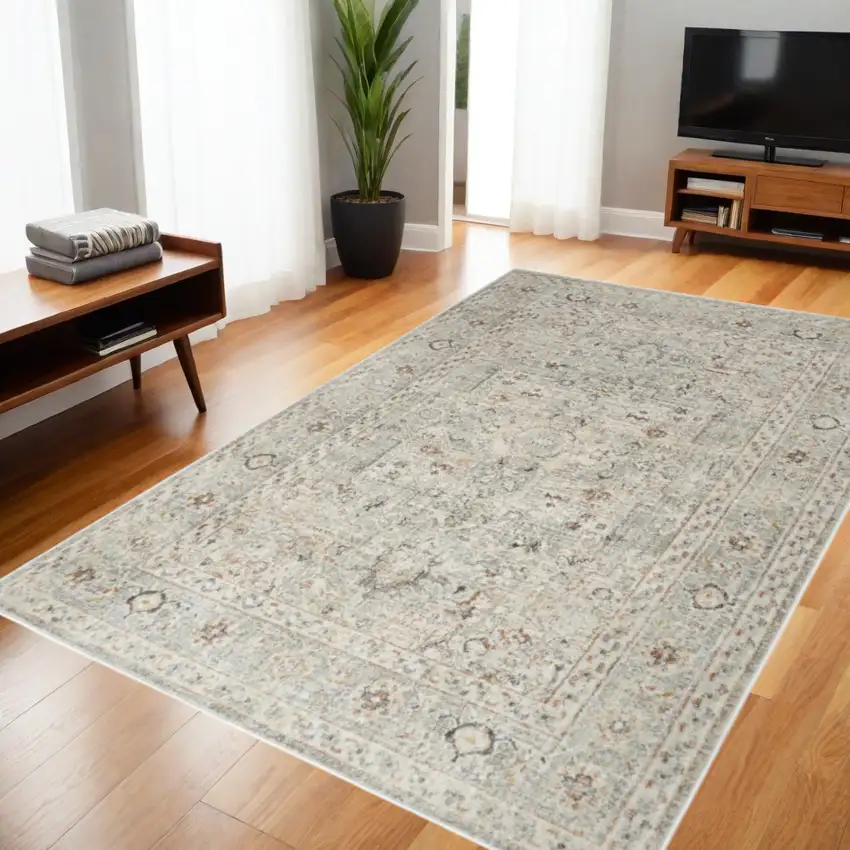 Light Gray Black And Yellow Floral Distressed Area Rug Photo 1