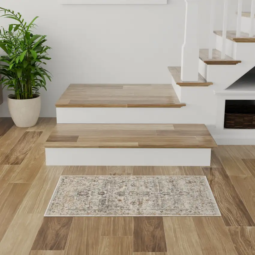 Light Gray Black And Yellow Floral Distressed Area Rug Photo 5