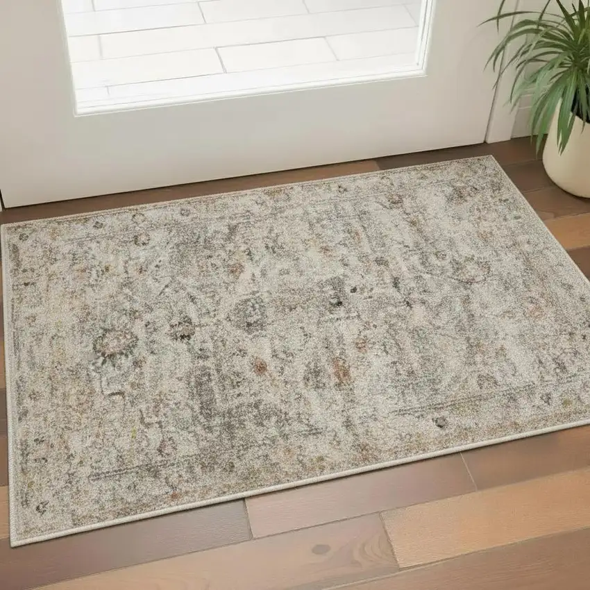 Light Gray Black And Yellow Floral Distressed Area Rug Photo 1