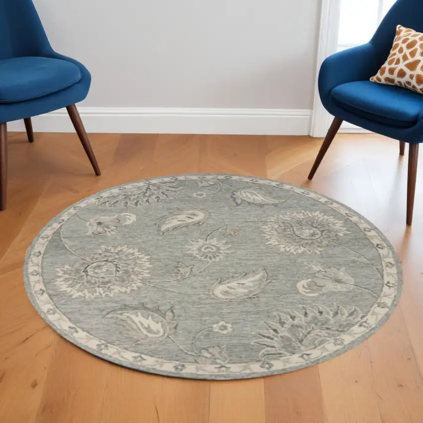 5' Gray Round Wool Hand Tufted Area Rug Photo 1