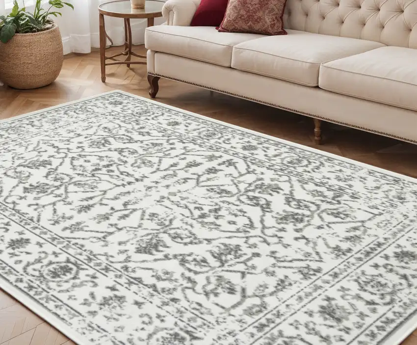 Gray and Light Gray Floral Power Loom Area Rug Photo 1