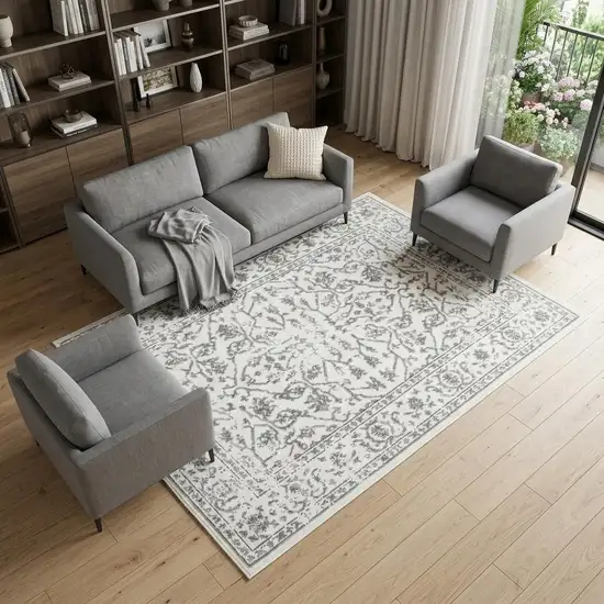 Ivory And Gray Floral Area Rug Photo 1