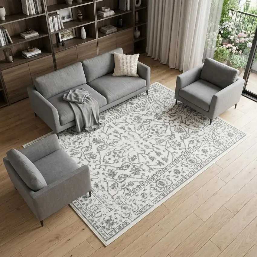 Ivory And Gray Floral Area Rug Photo 1