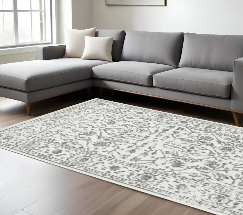 Gray and Light Gray Floral Power Loom Area Rug Photo 1