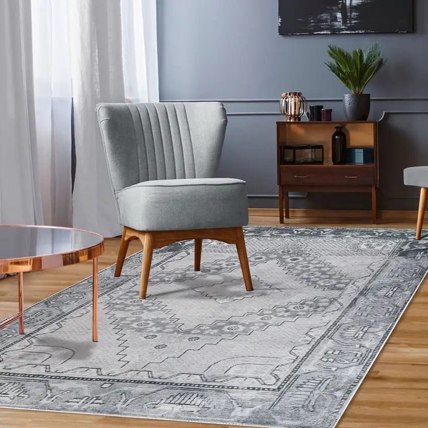 Light Gray Geometric Power Loom Distressed Stain Resistant Non Skid Area Rug Photo 7