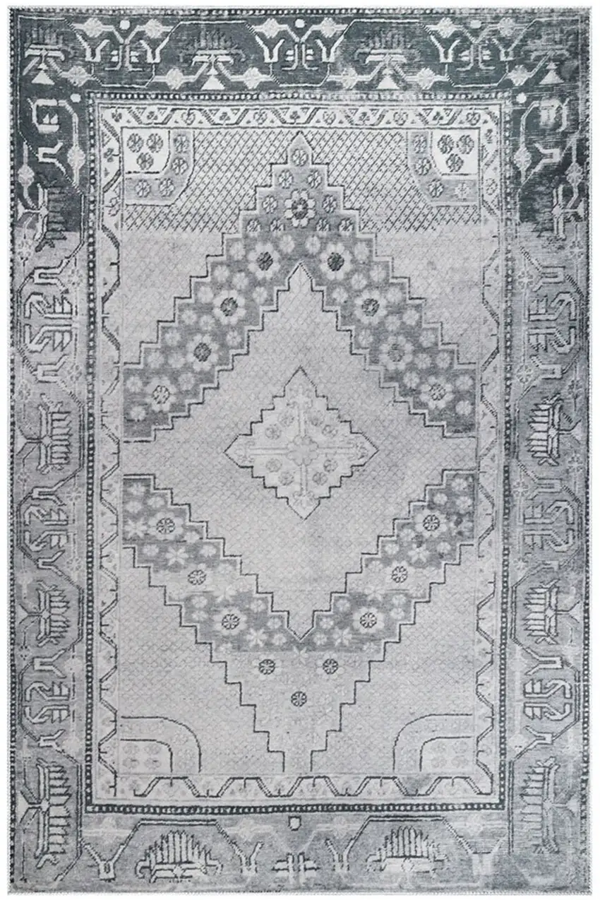 Light Gray Geometric Power Loom Distressed Stain Resistant Non Skid Area Rug Photo 1
