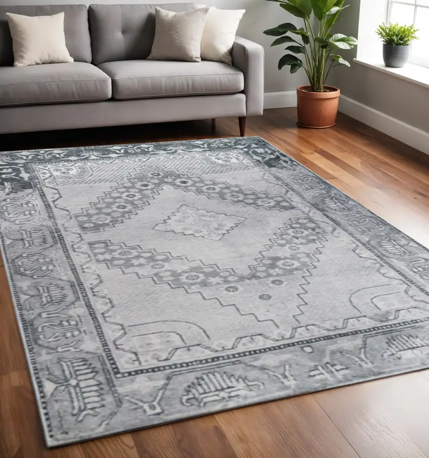 Light Gray And Charcoal Geometric Distressed Area Rug Photo 1