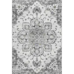 Photo of Light Gray Ivory And Gold Floral Medallion Washable Area Rug With UV Protection