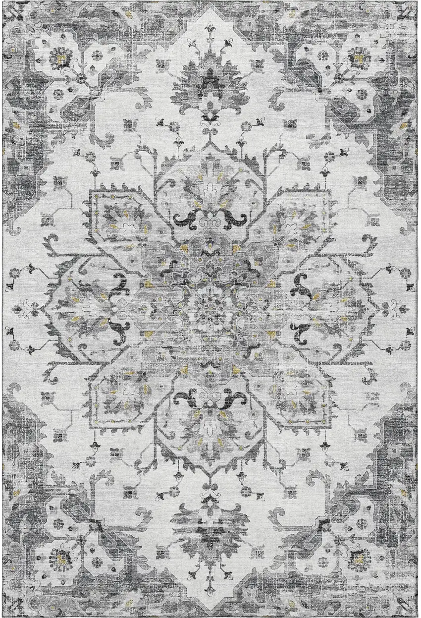 Light Gray Ivory And Gold Floral Medallion Washable Area Rug With UV Protection Photo 5