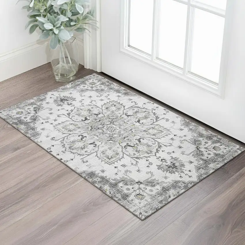 Light Gray Ivory And Gold Floral Medallion Washable Area Rug With UV Protection Photo 1