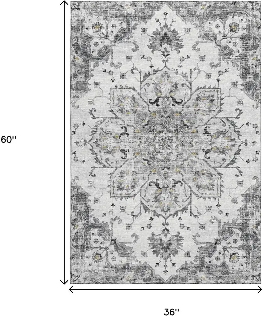 Light Gray Ivory And Gold Floral Medallion Washable Area Rug With UV Protection Photo 3