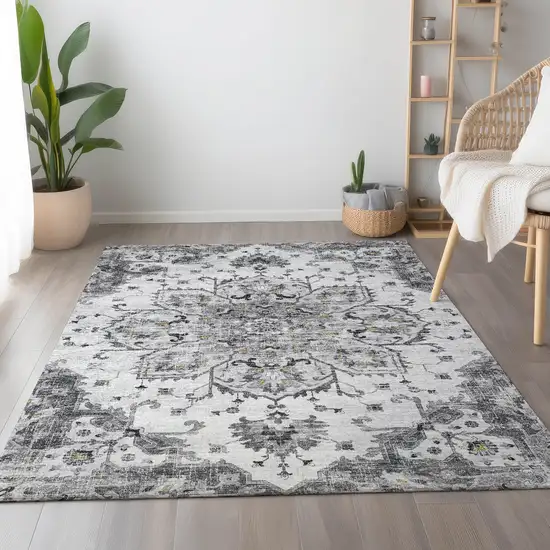 Light Gray Ivory And Gold Floral Medallion Washable Area Rug With UV Protection Photo 6