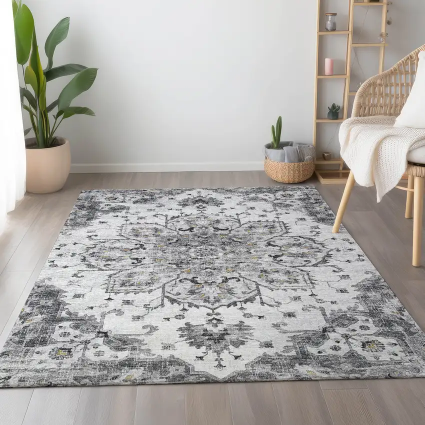 Light Gray Ivory And Gold Floral Medallion Washable Area Rug With UV Protection Photo 6