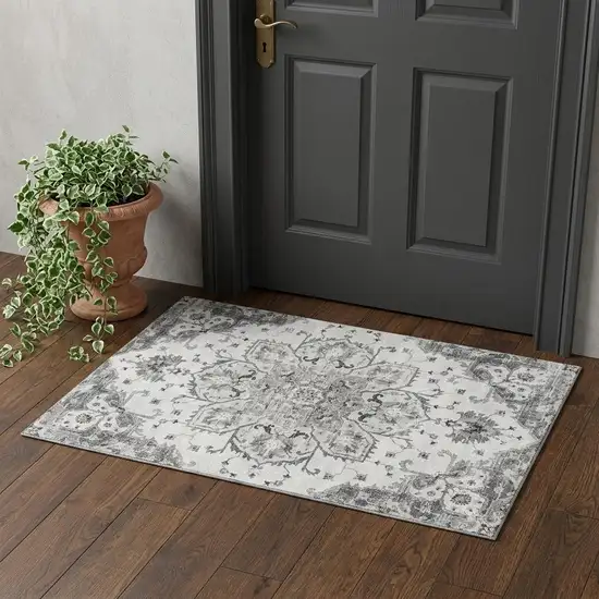Light Gray Ivory And Gold Floral Medallion Distressed Washable Area Rug With UV Protection Photo 1