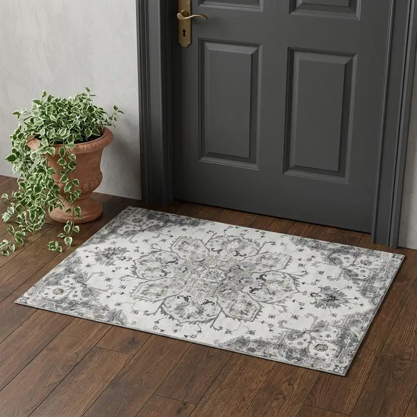 Light Gray Ivory And Gold Floral Medallion Distressed Washable Area Rug With UV Protection Photo 1