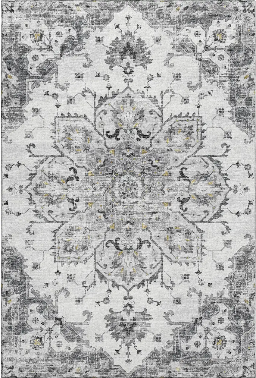 Light Gray Ivory And Gold Floral Medallion Washable Area Rug With UV Protection Photo 2