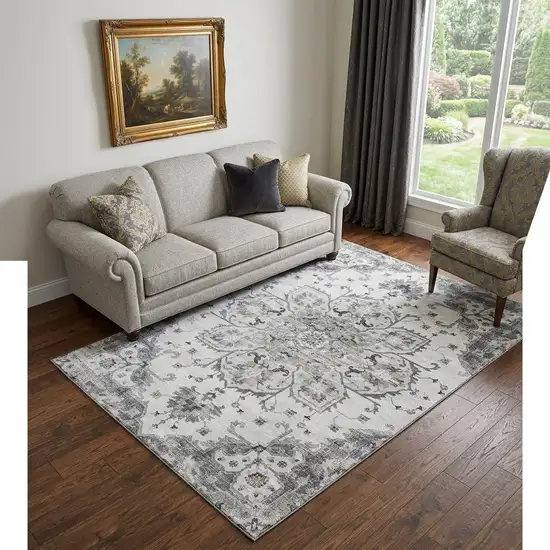 Light Gray Ivory And Gold Floral Medallion Distressed Washable Area Rug With UV Protection Photo 1