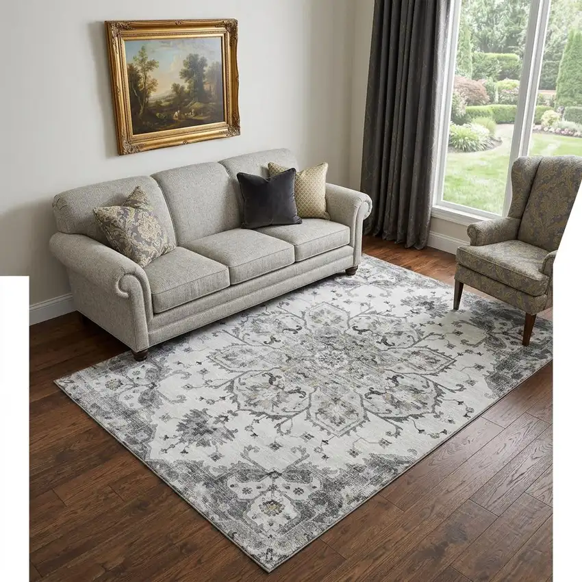 Light Gray Ivory And Gold Floral Medallion Distressed Washable Area Rug With UV Protection Photo 1
