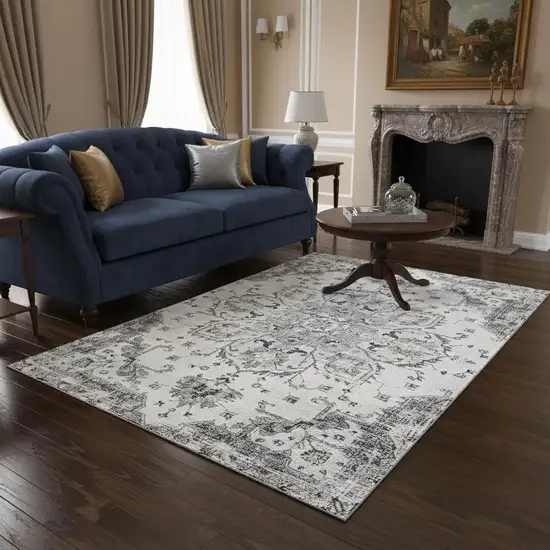 Light Gray Ivory And Gold Floral Medallion Washable Area Rug With UV Protection Photo 1