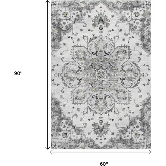 Light Gray Ivory And Gold Floral Medallion Washable Area Rug With UV Protection Photo 3