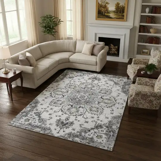 Light Gray Ivory And Gold Floral Medallion Washable Area Rug With UV Protection Photo 1