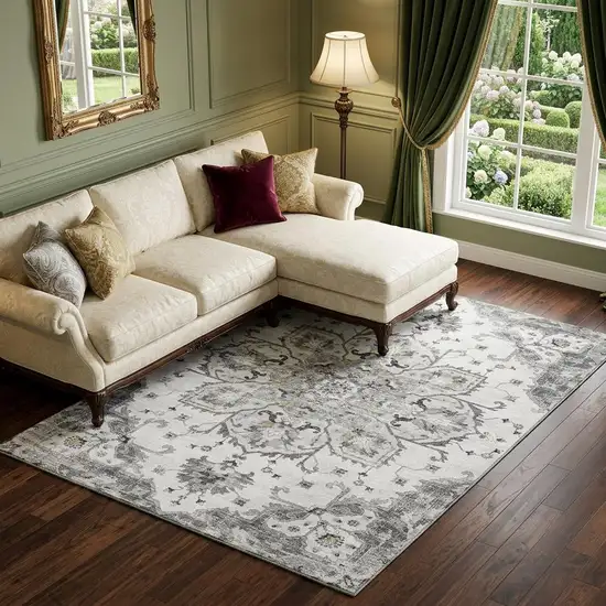 Light Gray Ivory And Gold Floral Medallion Distressed Washable Area Rug With UV Protection Photo 1