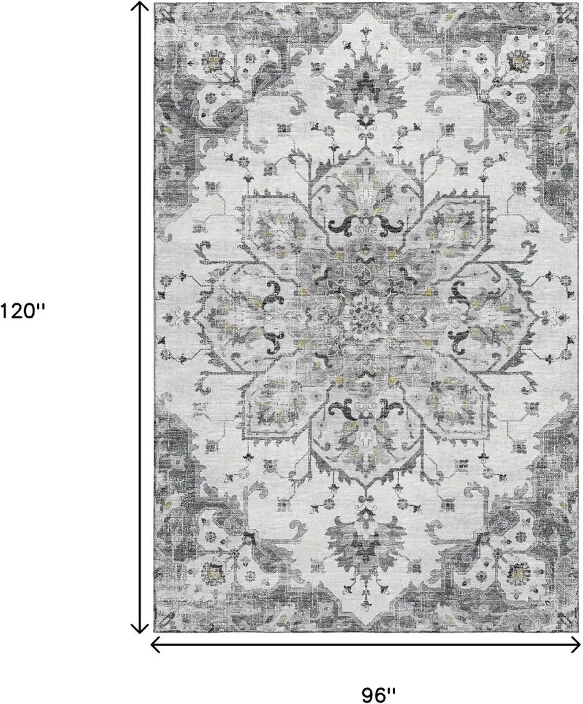 Light Gray Ivory And Gold Floral Medallion Washable Area Rug With UV Protection Photo 3