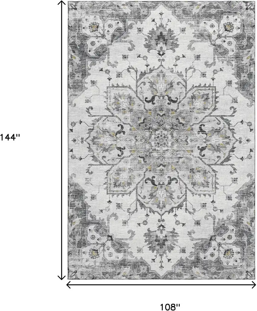 Light Gray Ivory And Gold Floral Medallion Washable Area Rug With UV Protection Photo 3