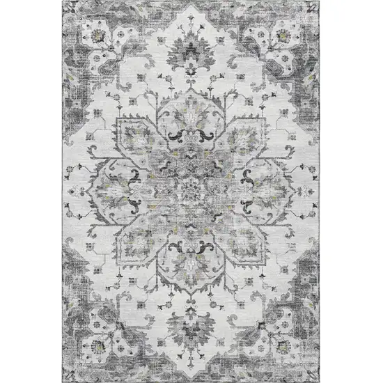 Light Gray Ivory And Gold Floral Medallion Washable Area Rug With UV Protection Photo 5