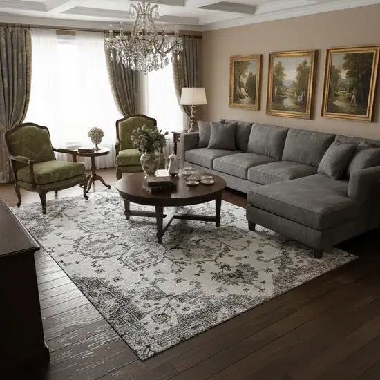 Light Gray Ivory And Gold Floral Medallion Washable Area Rug With UV Protection Photo 1