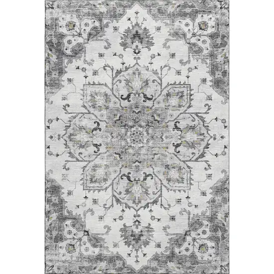 Light Gray Ivory And Gold Floral Medallion Washable Area Rug With UV Protection Photo 2