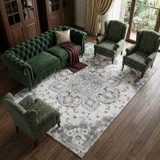 Light Gray Ivory And Gold Floral Medallion Distressed Washable Area Rug With UV Protection Photo 1