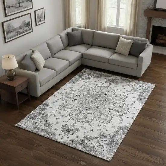 Light Gray Ivory And Gold Floral Medallion Washable Area Rug With UV Protection Photo 1