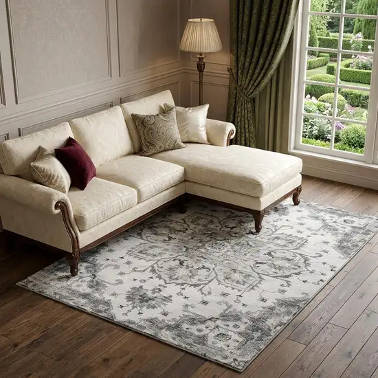 Light Gray Ivory And Gold Floral Medallion Distressed Washable Area Rug With UV Protection Photo 1