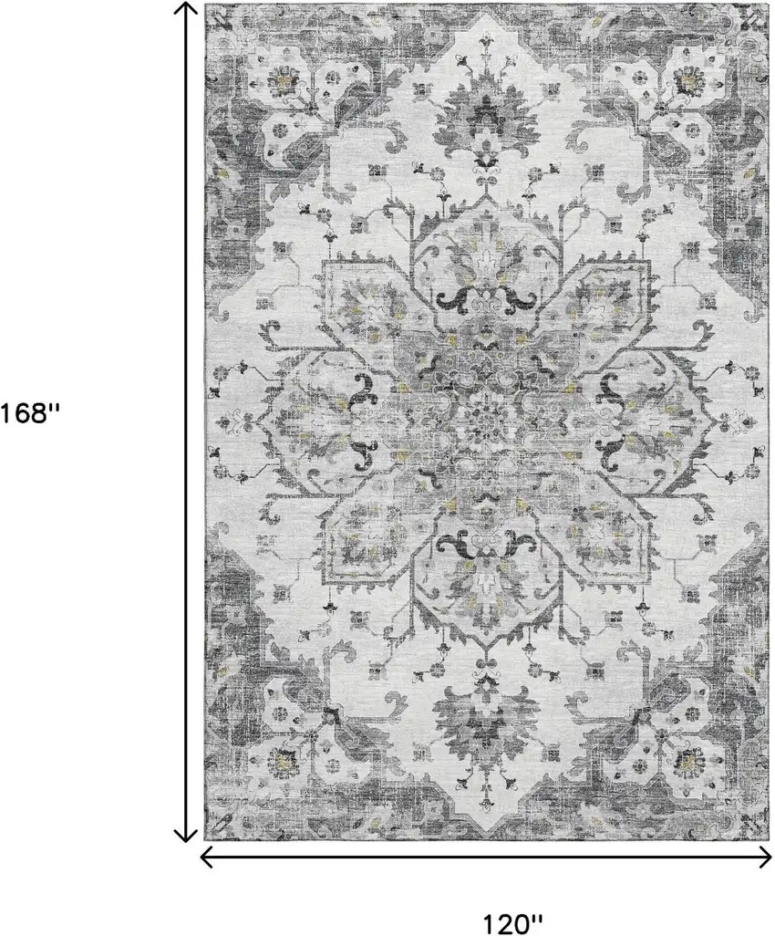 Light Gray Ivory And Gold Floral Medallion Washable Area Rug With UV Protection Photo 3