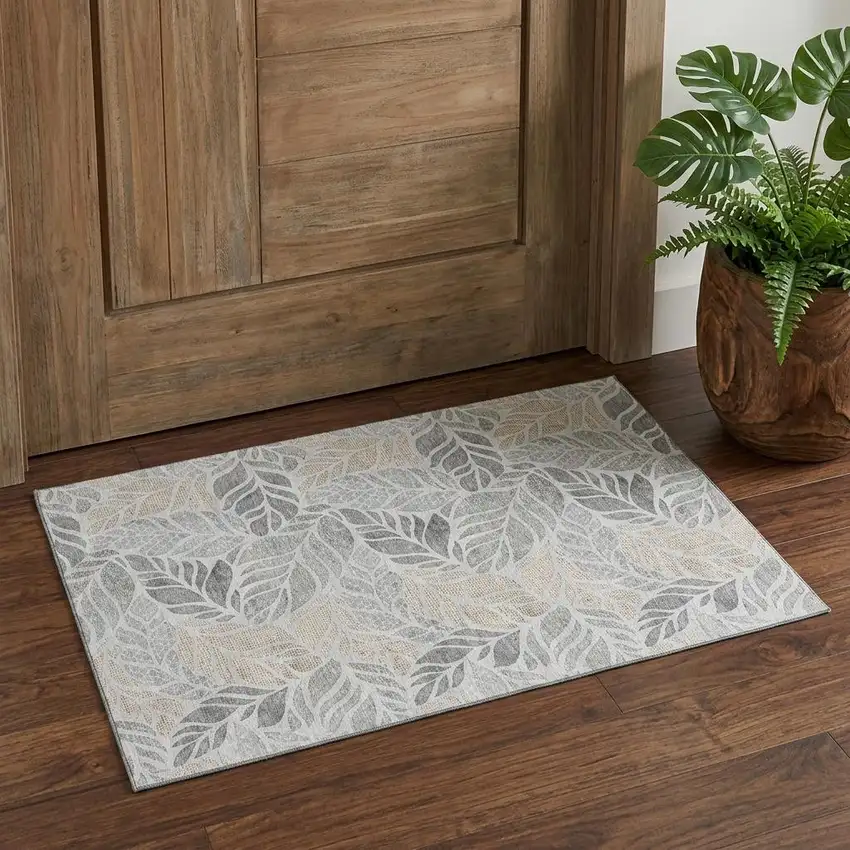 Light Gray Taupe And Charcoal Tropical Botanical Distressed Washable Area Rug With UV Protection Photo 1