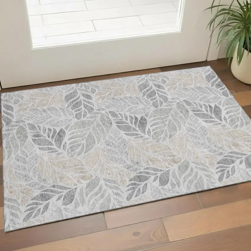 Light Gray Taupe And Charcoal Geometric Washable Area Rug With UV Protection Photo 1