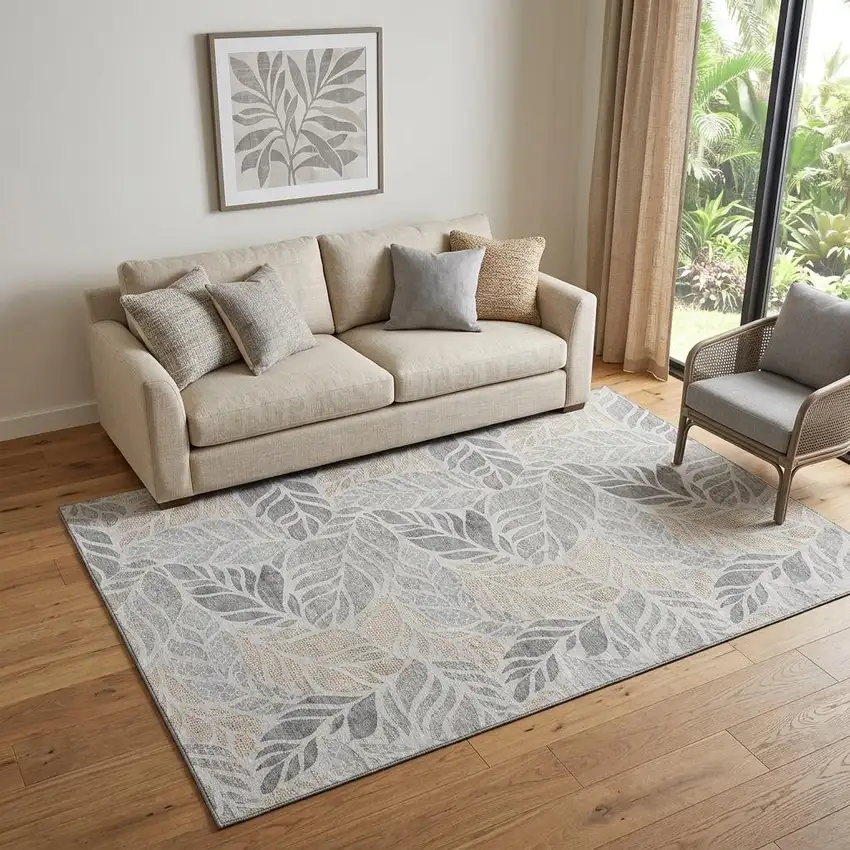 Light Gray Taupe And Charcoal Tropical Botanical Distressed Washable Area Rug With UV Protection Photo 1