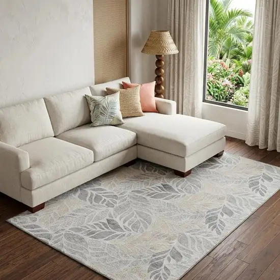 Light Gray Taupe And Charcoal Tropical Botanical Distressed Washable Area Rug With UV Protection Photo 1
