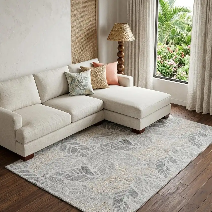 Light Gray Taupe And Charcoal Tropical Botanical Distressed Washable Area Rug With UV Protection Photo 1