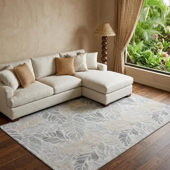 Light Gray Taupe And Charcoal Tropical Botanical Distressed Washable Area Rug With UV Protection Photo 1