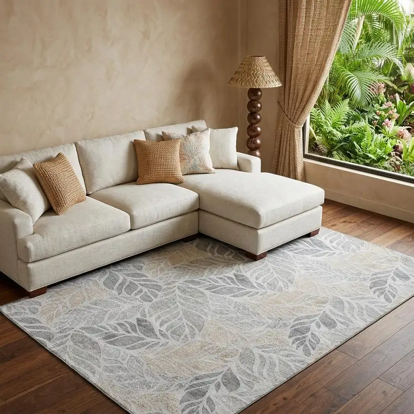 Light Gray Taupe And Charcoal Tropical Botanical Distressed Washable Area Rug With UV Protection Photo 1