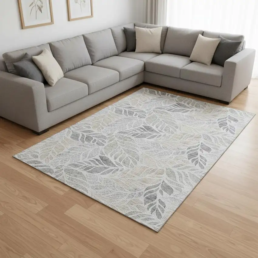 Light Gray Taupe And Charcoal Geometric Washable Area Rug With UV Protection Photo 1