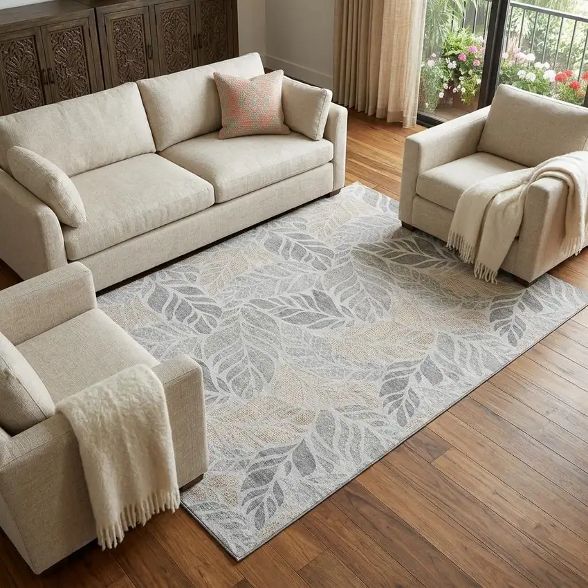 Light Gray Taupe And Charcoal Tropical Botanical Distressed Washable Area Rug With UV Protection Photo 1