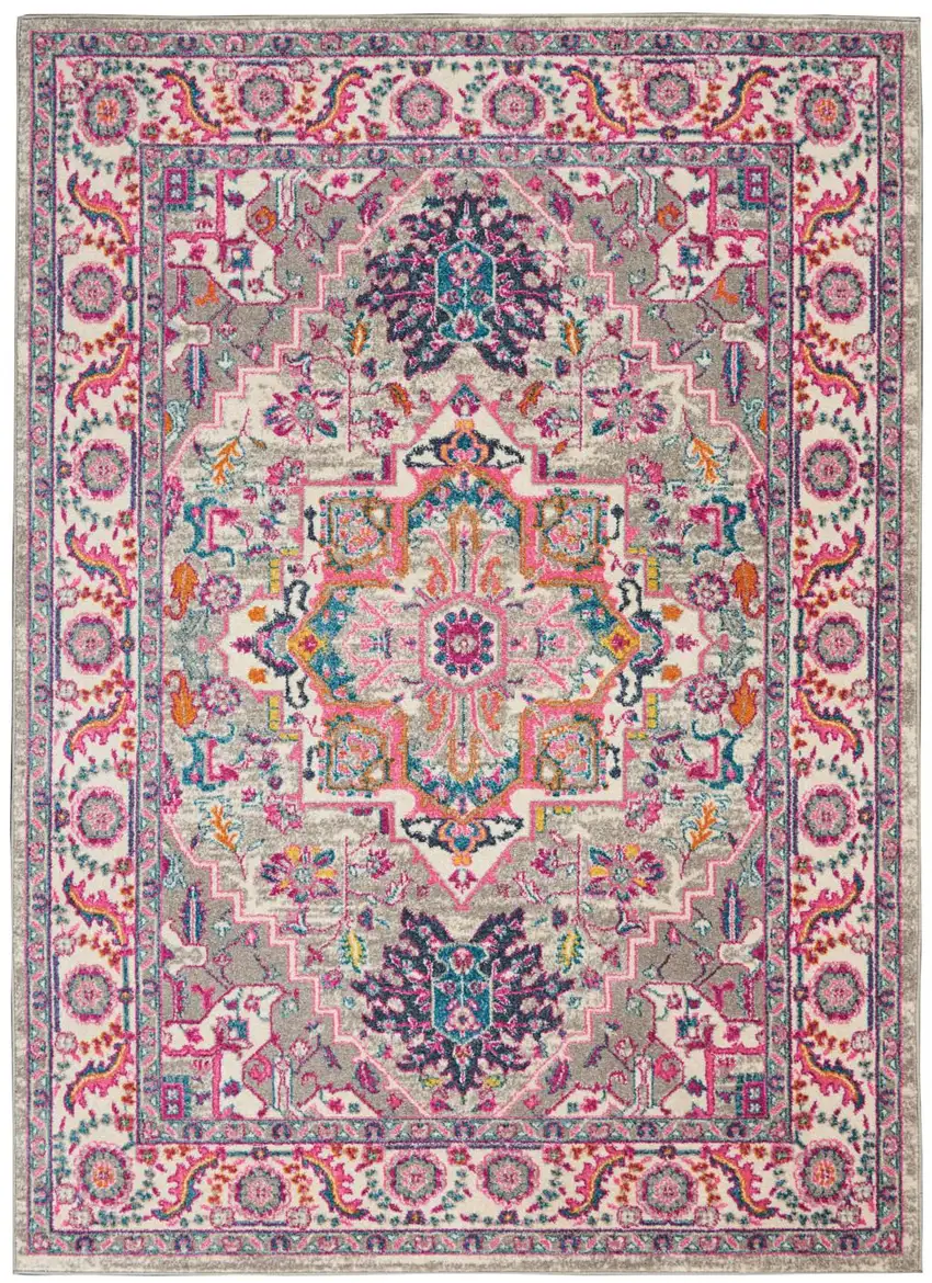 Light Gray And Pink Medallion Area Rug Photo 9
