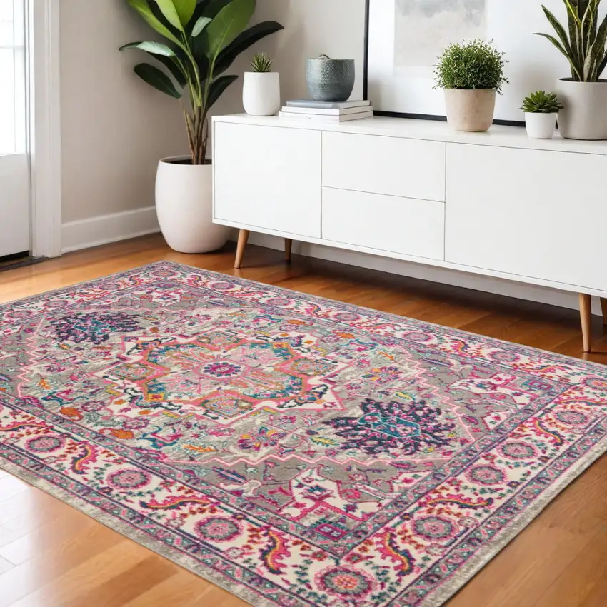 Light Gray And Pink Medallion Area Rug Photo 2