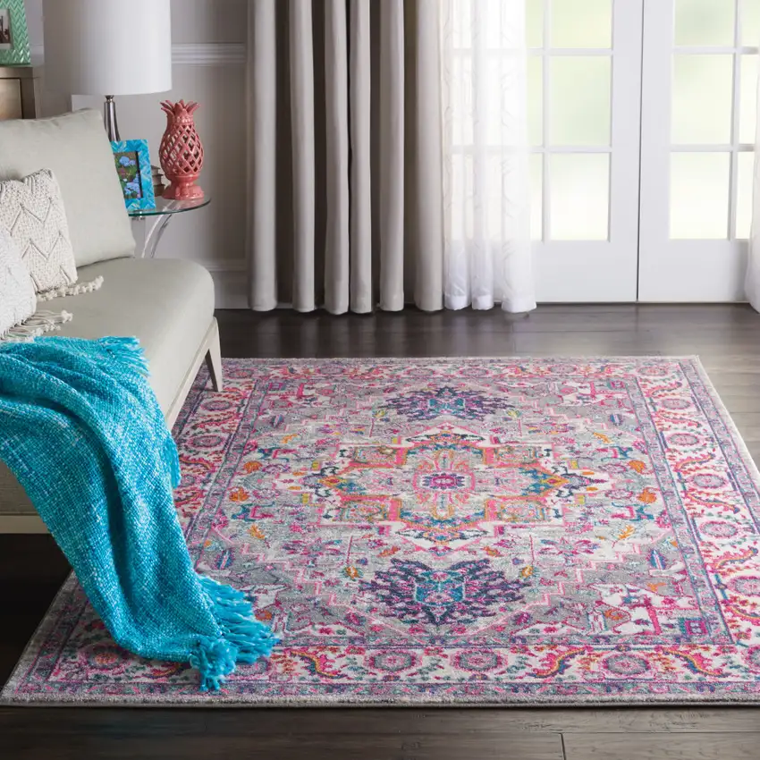 Light Gray And Pink Medallion Area Rug Photo 9