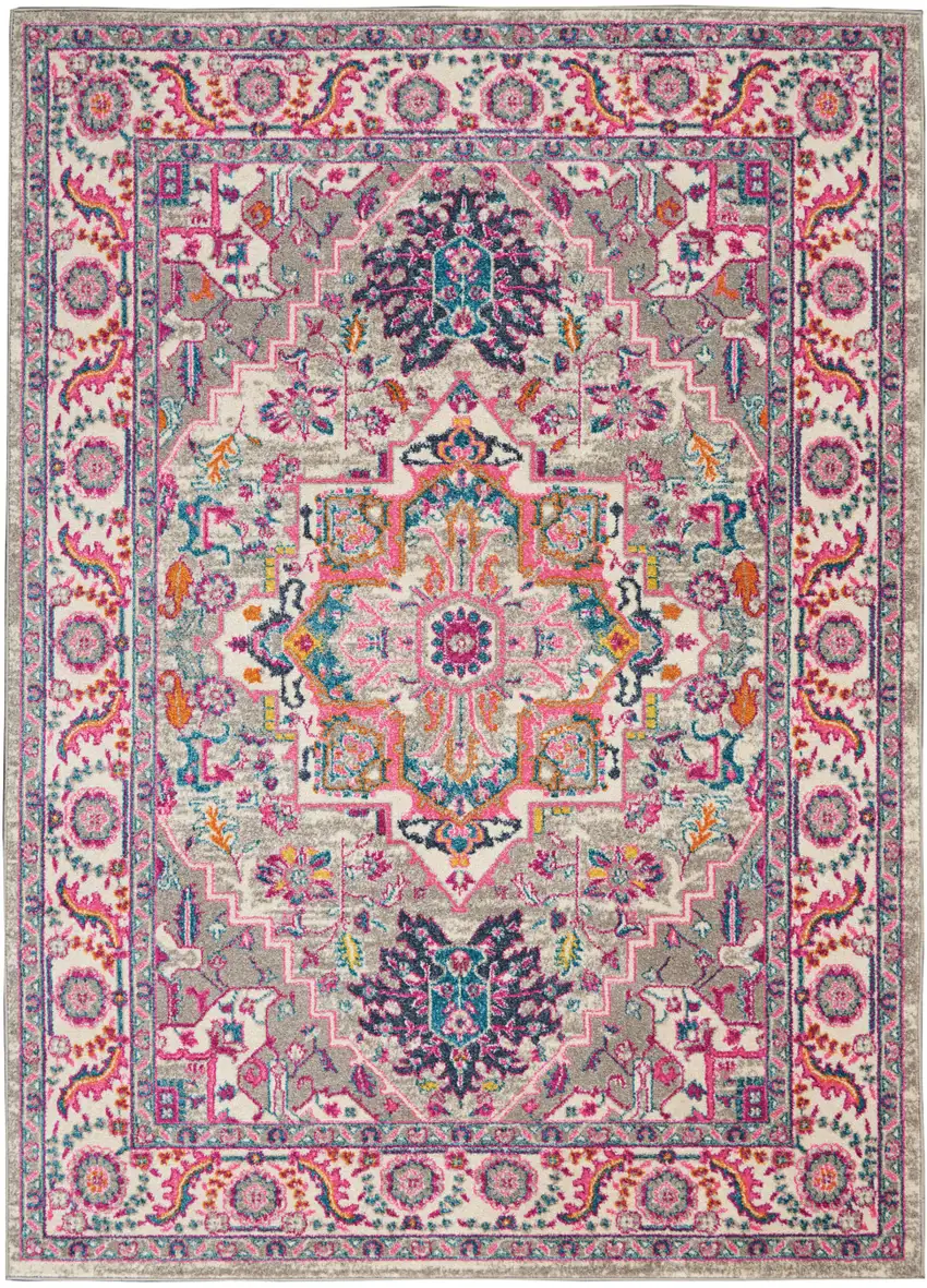 Light Gray And Pink Medallion Area Rug Photo 2