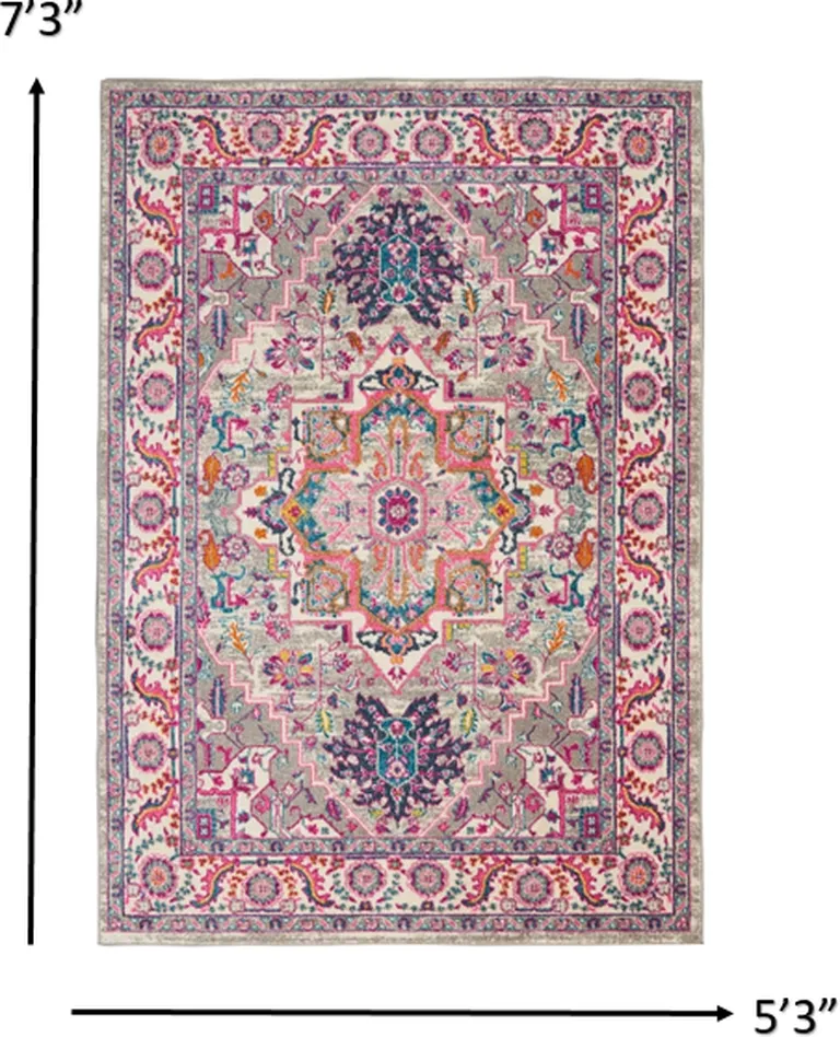 Light Gray and Pink Medallion Area Rug Photo 2