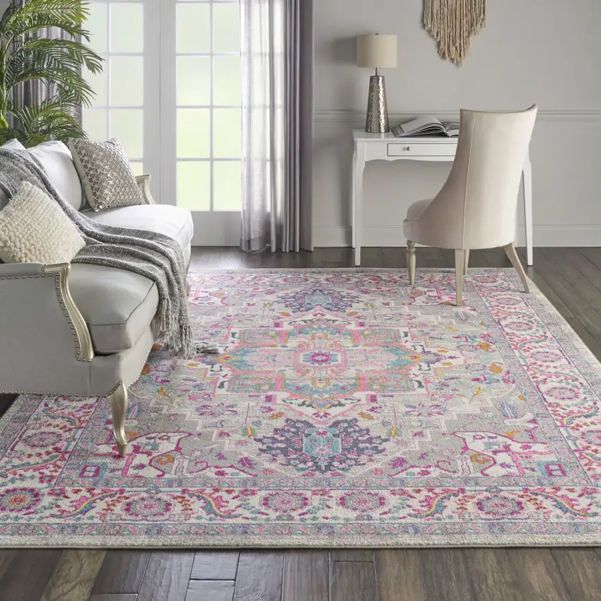 Light Gray And Pink Medallion Area Rug Photo 5